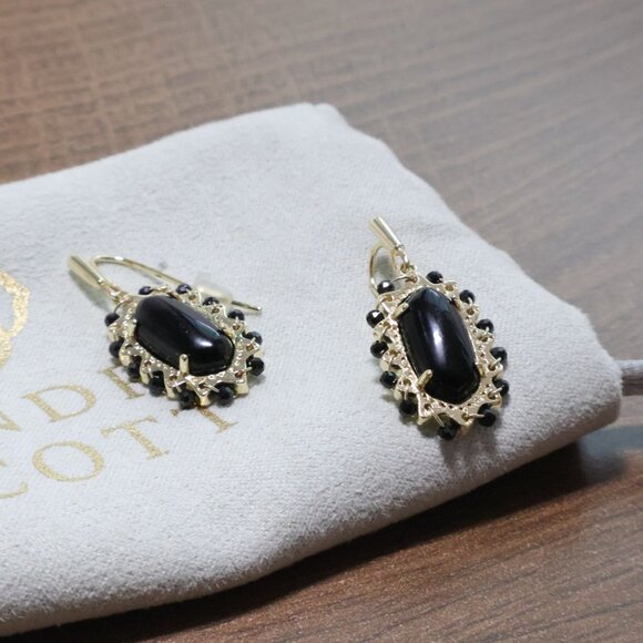 New Kendra Scott Beaded Lee Black Obsidian Gold Earrings - Picture 3 of 3
